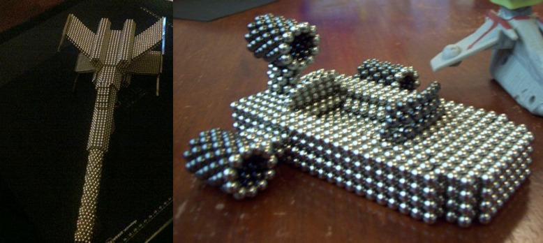 Selvfølgelig bliver Nanodots benyttet til at bygge alskens ting fra de klassiske Star Wars-film. X-Wing-fighteren til venstre består af 8.100 kugler, mens Luke Skywalkers Landspeeder til højre er bygget af kun 800 kugler.